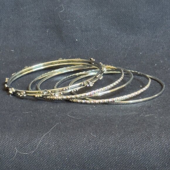 Set Of Six Silver-Tone Rhinestone Embellished Bangle Bracelets - Picture 3 of 7